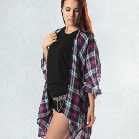 Black & Pink Plaid Kimono
