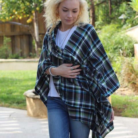 Mossy Marine Plaid Shawl Wrap